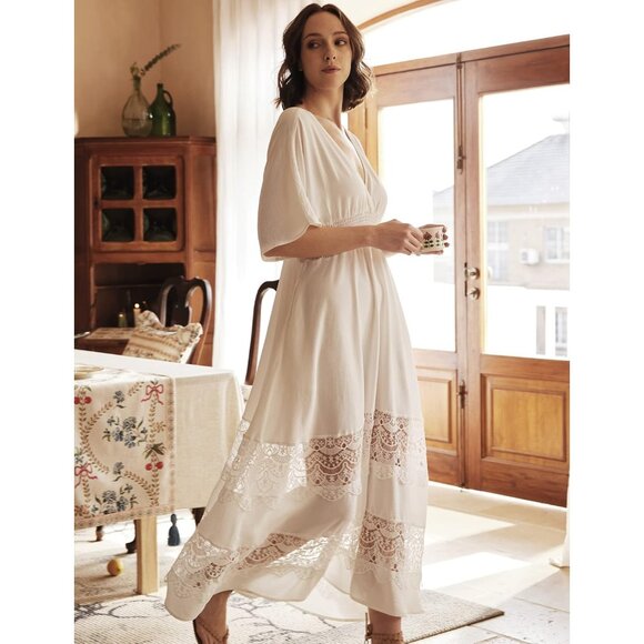 Women's Boho Maxi Dress Short Sleeve V Neck Flowy with Pockets for Wedding - Picture 5 of 8